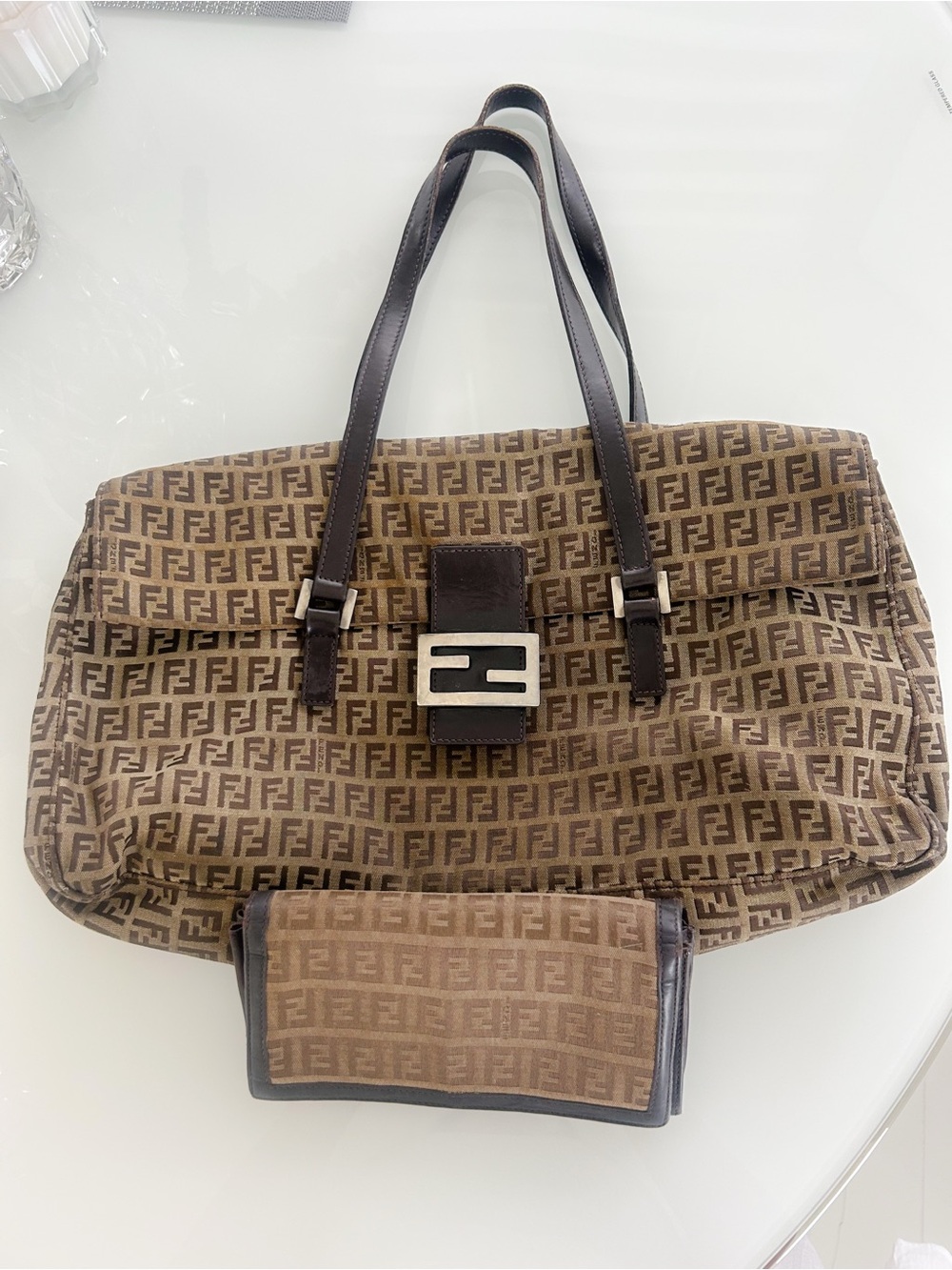 Fendi Brown Zucca Logo Canvas Tote with FF Buckle purse and wallet